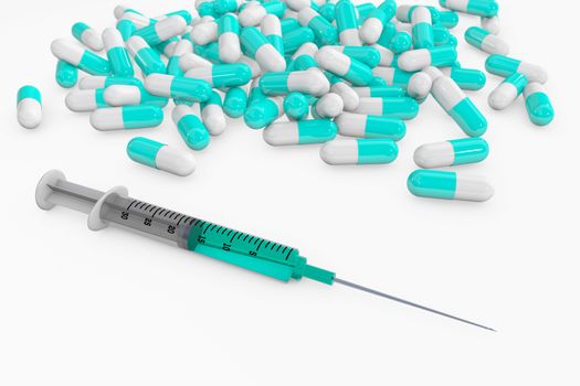 syringe with pills 3d rendering medicine concept isolated on white