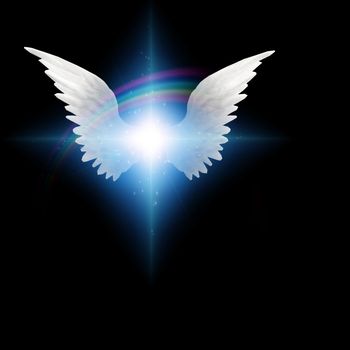Surreal digital art. Bright star with white angels wings. 3D rendering