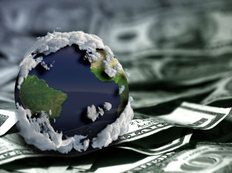 Globe on US dollars. Model of the Earth. 3D rendering