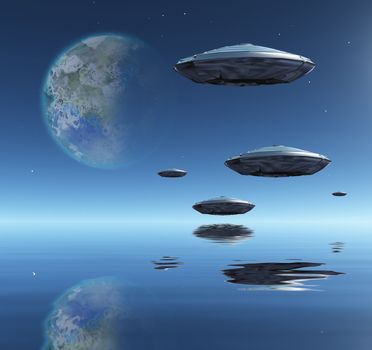 Flying saucers flies above ocean on water planet. Terraformed moon in the sky. 3D rendering