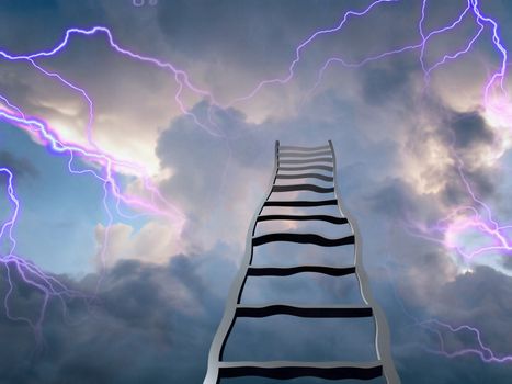 Surreal painting. Stairway to Heaven. Clouds and lightnings. 3D rendering