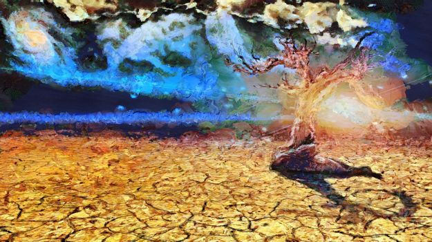 Surreal painting. Old dry tree in arid land. The sun is rising. 3D rendering