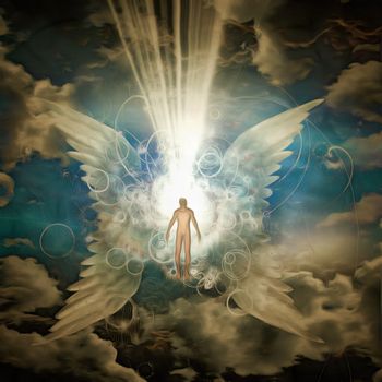 Surrealism. Man walks to the bright light between white wings. 3D rendering