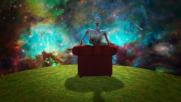 Surreal composition. Rusted alien sits in red armchair and observer vivid universe. 3D rendering