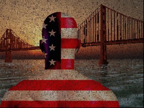 Man in US national colors stands before Golden Gate bridge. 3D rendering