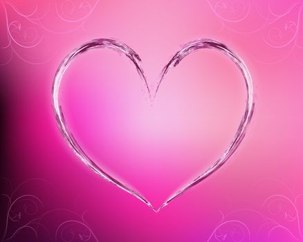 Splashed water heart on pink gradient background, with floral ornament.