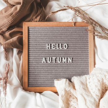 Top view on letter board with season greeting HELLO AUTUMN. Crumpled textile background with dried grass, white knitted sweater and brown warm outfits.