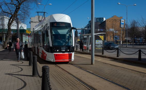 19 April 2019 Tallinn, Estonia. Low-floor tram on one of the streets of the city.