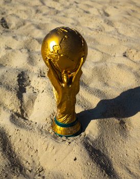 May 30, 2019. Doha, Qatar. FIFA World Cup trophy on sand. FIFA World Cup  2022  will be held in Qatar.