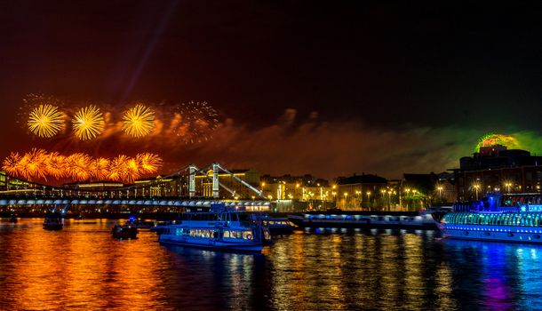 May 9, 2019 View of the festive fireworks over the Moscow River in honor of Victory Day in Moscow.