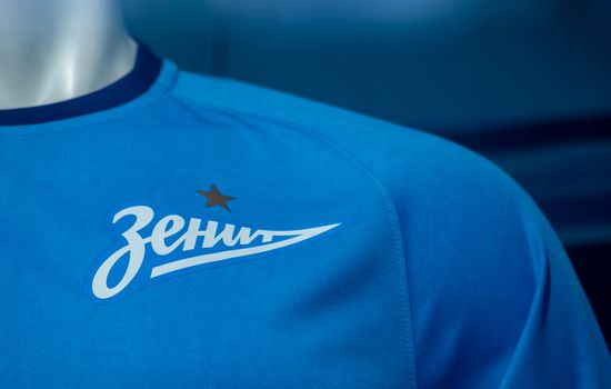 April 18, 2018. St. Petersburg, Russia. Form of football club Zenit in the window of the team store.