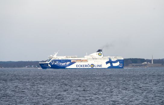 20 April 2019, Tallinn, Estonia. High-speed passenger and car ferry of the Finnish shipping concern Eckerö Line Finlandia in the port of Tallinn.