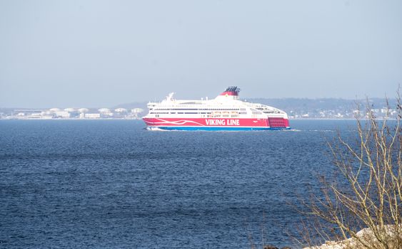 20 April 2019, Tallinn, Estonia. High-speed 10-deck passenger and car ferry of the Finnish shipping concern Viking Line Viking XPRS in the port of Tallinn.