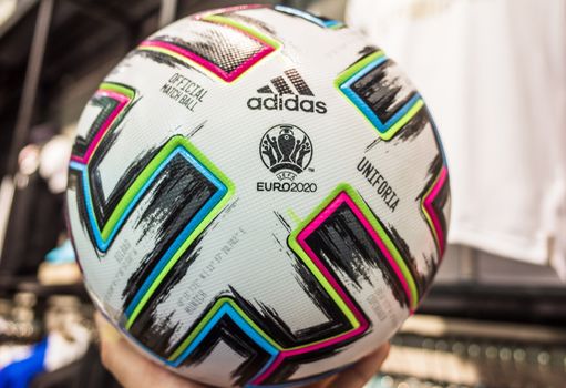 10 November 2019 London, United Kingdom. The official ball of the European football Championship 2020 Adidas Uniforia Competition in the sports shop window.