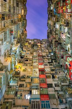 Old community night view colorful apartment building at Quarry Bay, Hong Kong