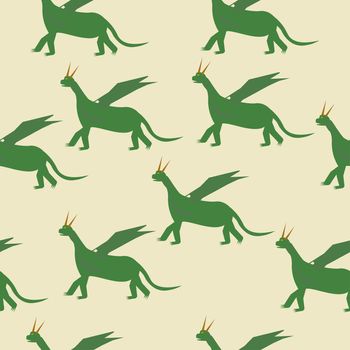 seamless pattern Fairytale green Dragon Flat Isolated Childish Style Simple Drawing In Bright Colors On White Background.