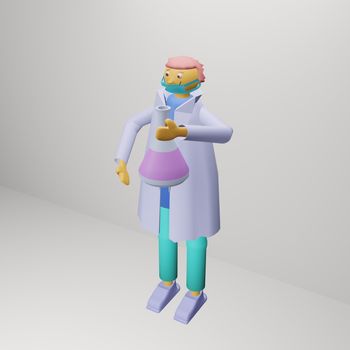 Medical scientist with a medical mask holding a glass test tube with liquid medicine or vaccine for the virus. 3D render illustration, volumetric image.