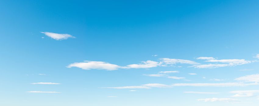 Panoramic blue sky background with small white clouds, summer or spring season. Beautiful weather concept.