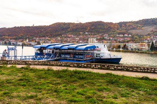 Old cruise ship, Danube river view from Orsova, Romania, 2020.