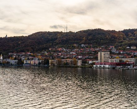 View of Danube river and Orsova city, waterfront view. Orsova, Romania, 2020