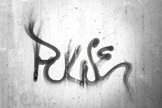 Concrete wall texture with graffiti. Word "pulse" written on a gray rough wall. Youth communication. Ideal for concepts and backgrounds.