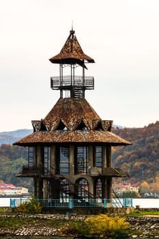 Rusty construction, view of Danube river and Orsova city, waterfront view. Orsova, Romania, 2020