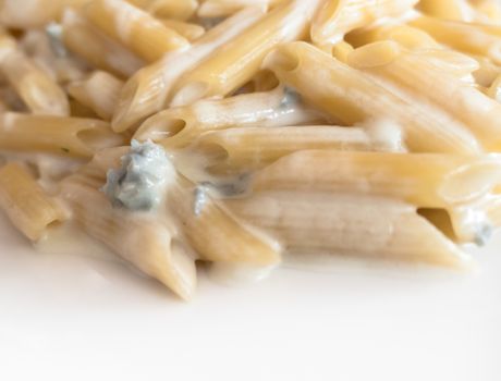 Italian traditional pasta penne gorgonzola. Space for text.