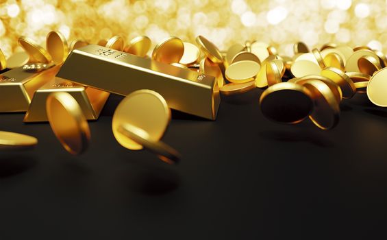 Gold bars and coins falling with bokeh light 3D Render