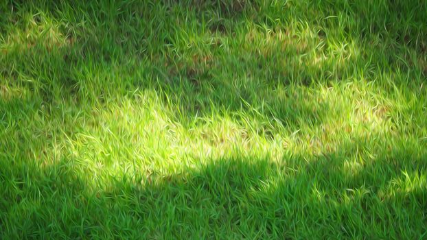 Blurry images of real natural green grass field top view angle with oil paint effect for abstract background or texture of nature which refresh mood of people.