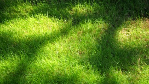 Blurry images of real natural green grass field top view angle with oil paint effect for abstract background or texture of nature which refresh mood of people.