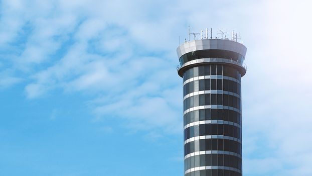 Air traffic contact center tower of Suvarnabhumi international airport Bangkok Thailand which manage queue of runway and communication between airplane for safty in air and ground with technology.