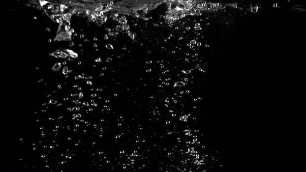 Water bubbles floating on black background which represent refreshing of refreshment from soda or carbonated drink and power of liquid that splashing or fizzing with blowing and streaming by air pump.