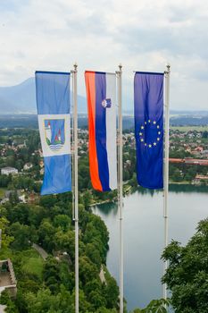 A view from Bled Castle over Lake Bled township in Bled, Slovenia, Europe