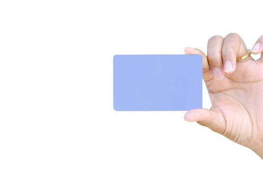 Closeup woman hand holding empty white credit card on white background