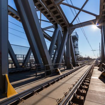 Railway metal bridge perspective view