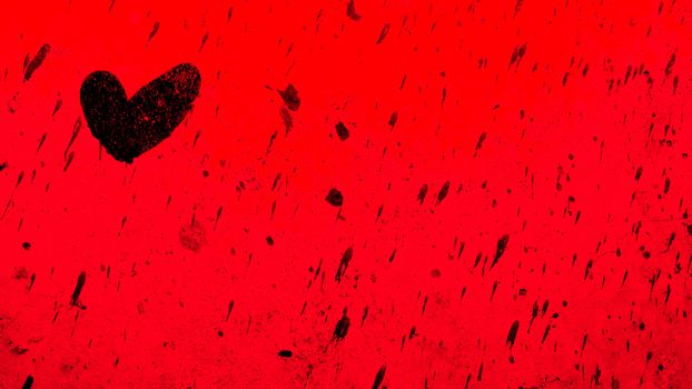 Black heart painted on red backdrop with paint splatters everywhere. It can be used as a poster, wallpaper, design t-shirts. Fully editable.