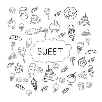 Hand drawing sweets candies and bakery doodle isolated on white background. cake, candies, ice cream, donut. Black and white cartoon.