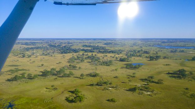 Aerial view at Moremi national park in Botswana, Africa, as seen from a small aircraft. Wing visible, bright sunshine on blue sky. Travel and Tourism