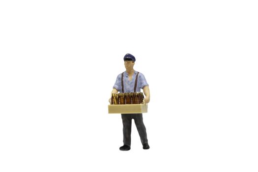 Miniature worker people isolated on white background with clipping path
