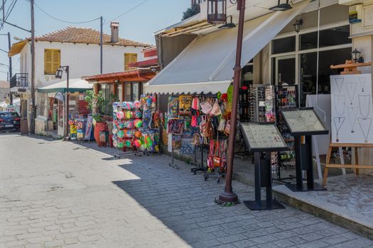 Day summer view of local gift shops without customers at Athytos village, Kassandra peninsula.
