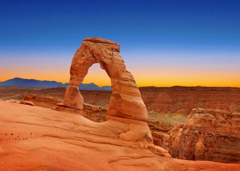 The Delicate Arch at dawn in Arches National Park, Utah, USA.