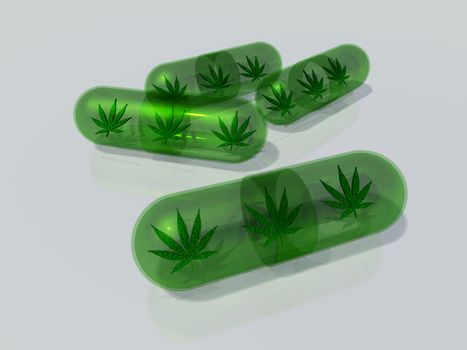 Marijuana leaf in capsule. 3D rendering