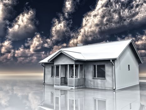 Home in white surreal landscape. 3D rendering