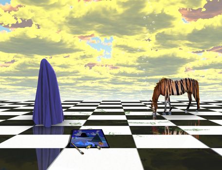 Unreal landscape. Cloaked figure and tiger horse on chess board. 3D rendering