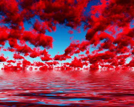 Deep Red Clouds and reflections. 3D rendering