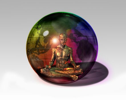 Cyborg in sphere. 3D rendering