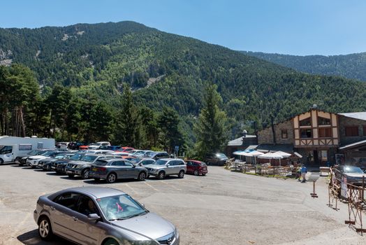 Escaldes Engodany, Andorra : 20 August 2020 : Cars parked in the Engolasters lake parking in Escaldes Engordany, Andorra in summer 2020