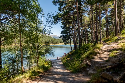 Escaldes Engodany, Andorra : 20 August 2020 : Tourists enjoying the Summer Afternoon at Lake Engolasters in the Pyrenees. Escaldes Engordany, Andorra in summer 2020