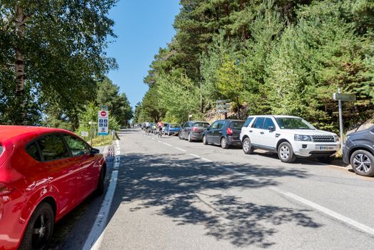 Escaldes Engodany, Andorra : 20 August 2020 : Cars parked in the Engolasters lake parking in Escaldes Engordany, Andorra in summer 2020