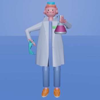 Medical scientist with a medical mask holding a glass test tube with liquid medicine or vaccine for the virus. 3D render illustration, volumetric image